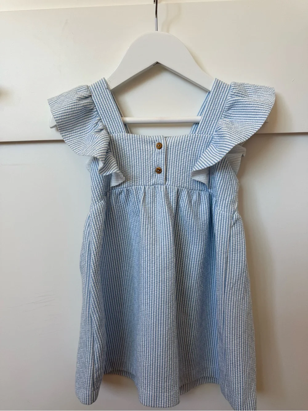 Little Girls' Blue Seersucker Ruffle Shoulder Dress